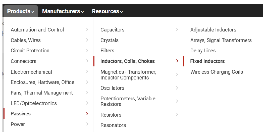 Categories that lead to inductors on Digikey